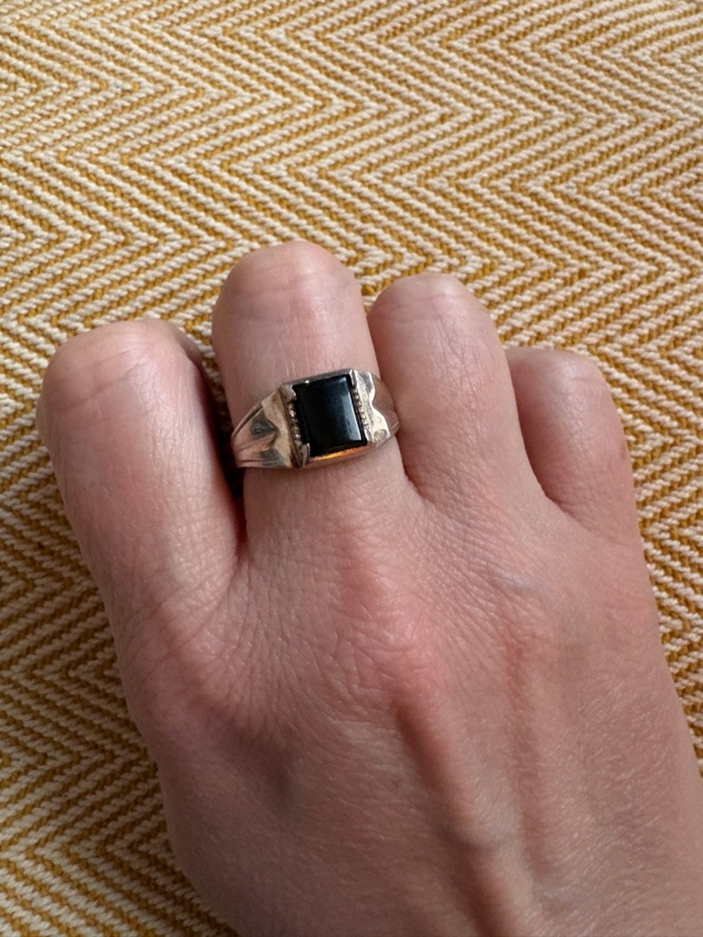Vintage Sterling Silver Signet Ring – Black Stone – Size 9 – Stamped 925